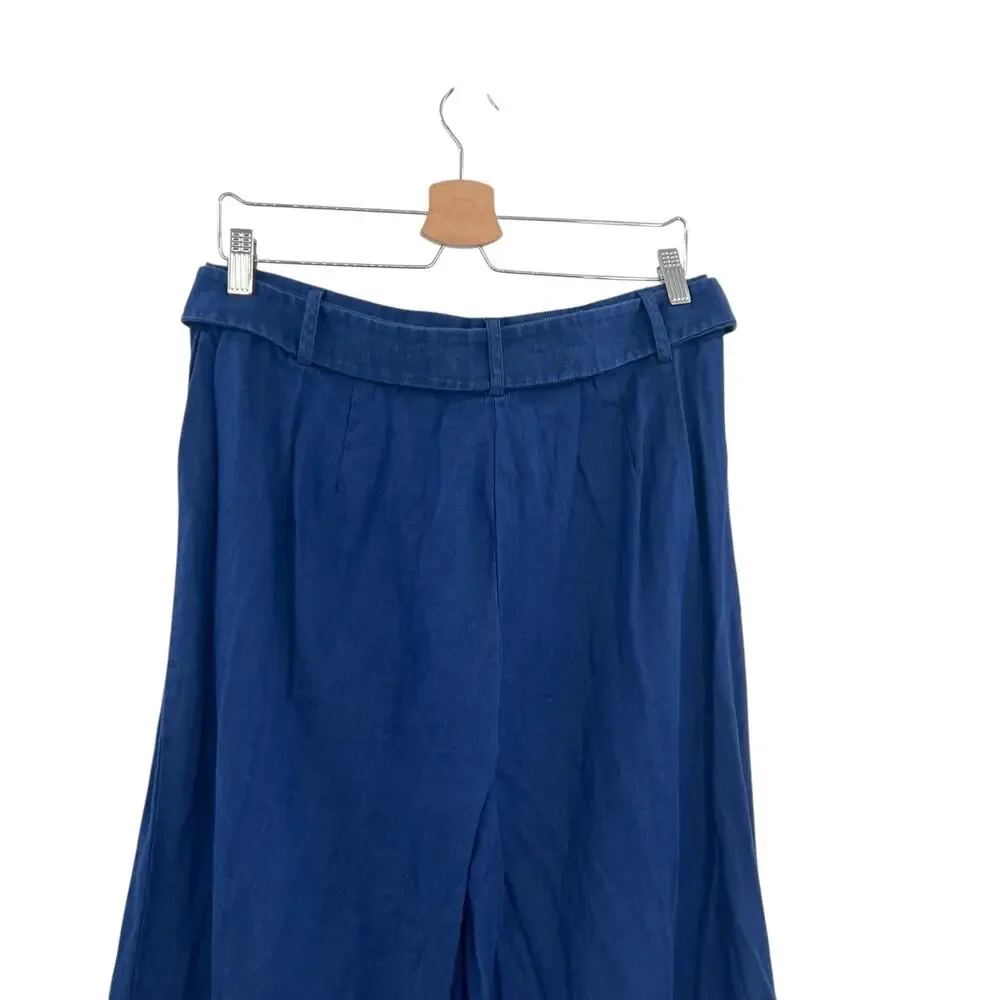 Reformation Ace Linen Pant Wide Leg Trousers Belted Blue‎ Size 8